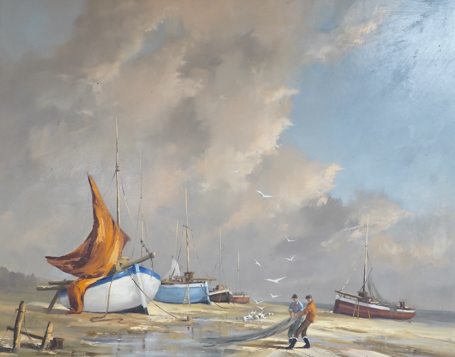 Gudrun Sibbons (1924-2020), Coastal view with beached fishing boats and fishermen, signed, oil on board, 39 x 49cm